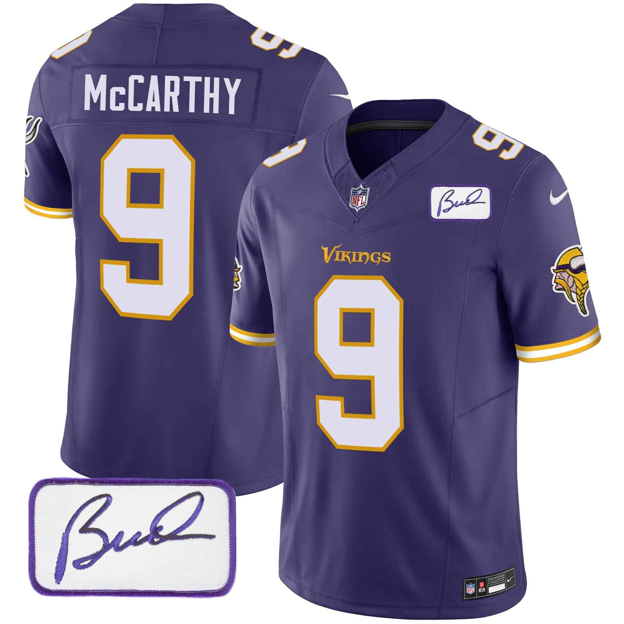 Men Minnesota Vikings #9 Mccarthy Purple 2024 Nike Bud Grant Patch Classic Limited NFL Jersey style 1
